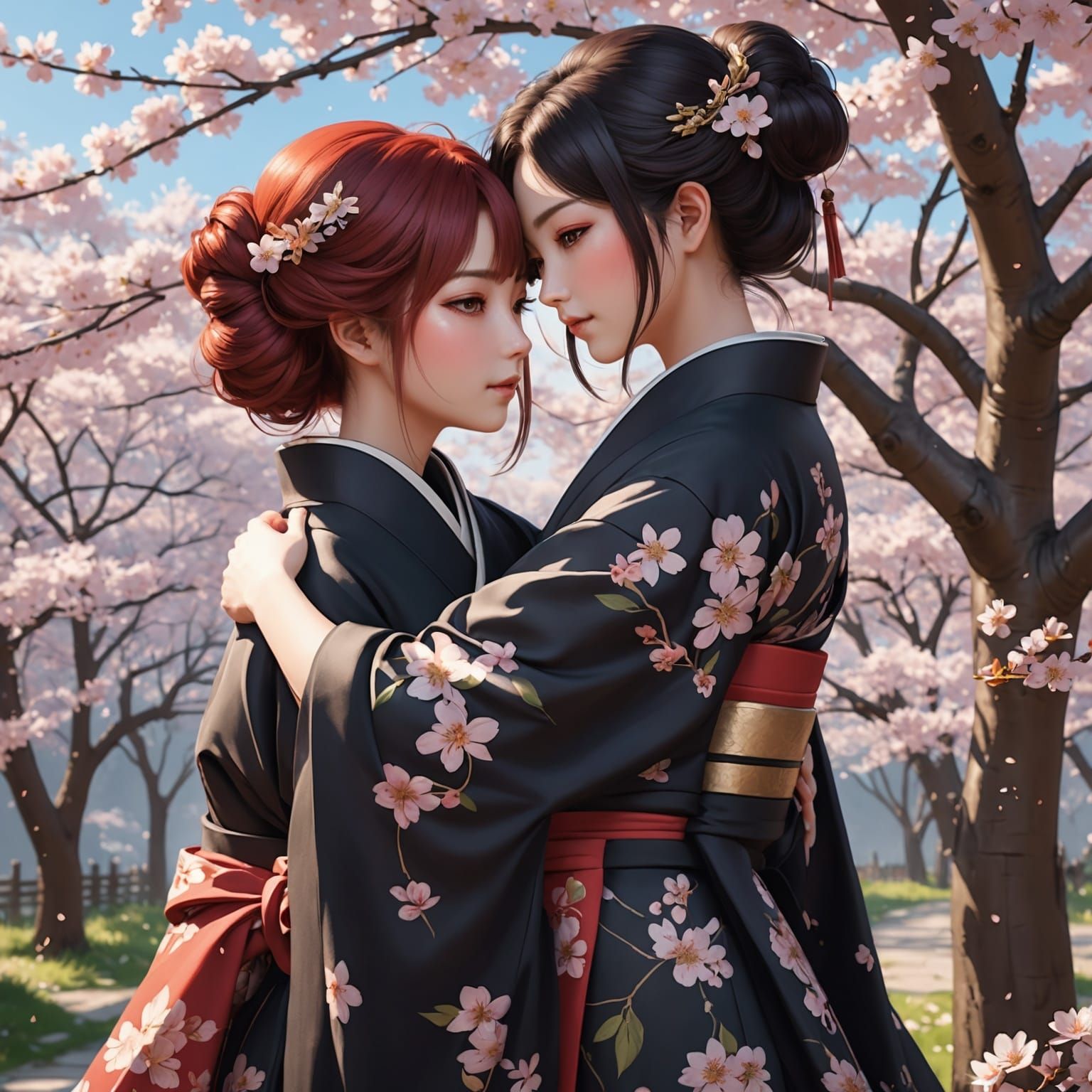 Anime Style: Women Embrace in Cherry Blossoms