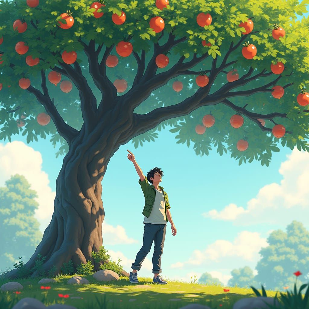 Man Admiring Fruit Tree in Anime Style