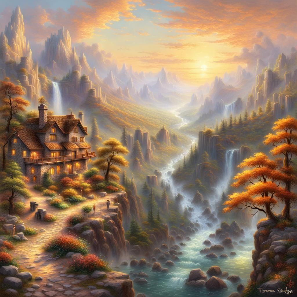AI generated,canyon, landscape, scenic, river, background, sunset, sunrise, beautiful, nature, water, orange, sun, illus...