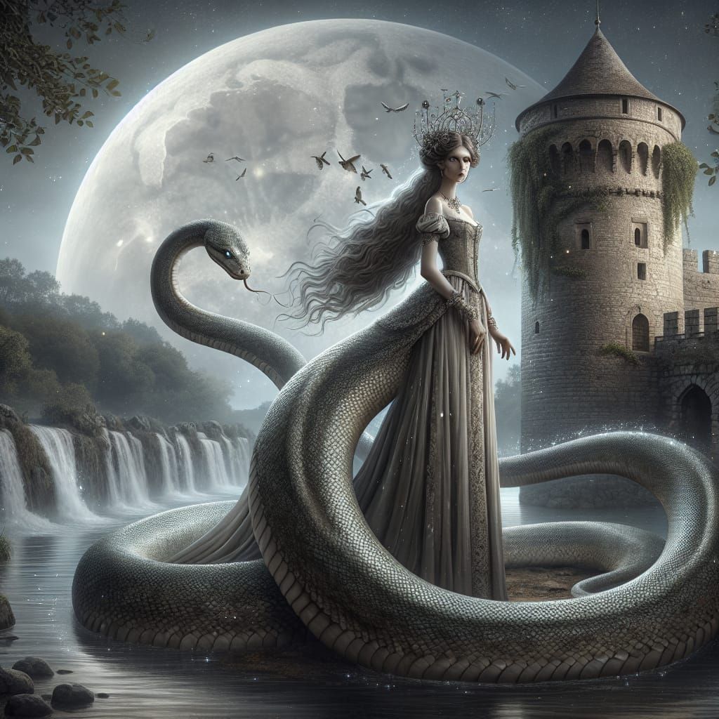 Medieval Serpent Woman in Moonlight: Digital Painting