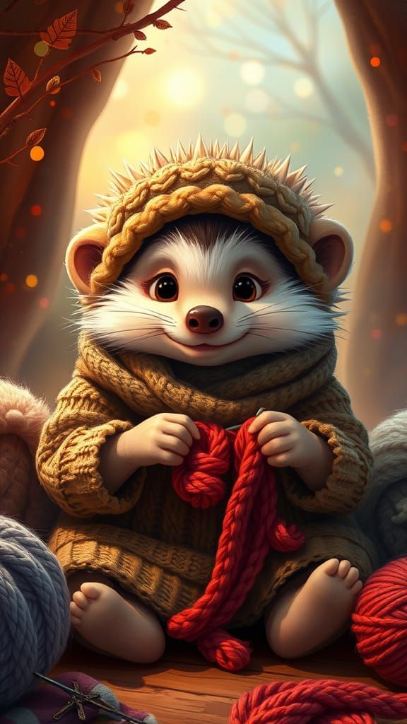 Cute Hedgehog Knitting in Cozy Whimsical Home