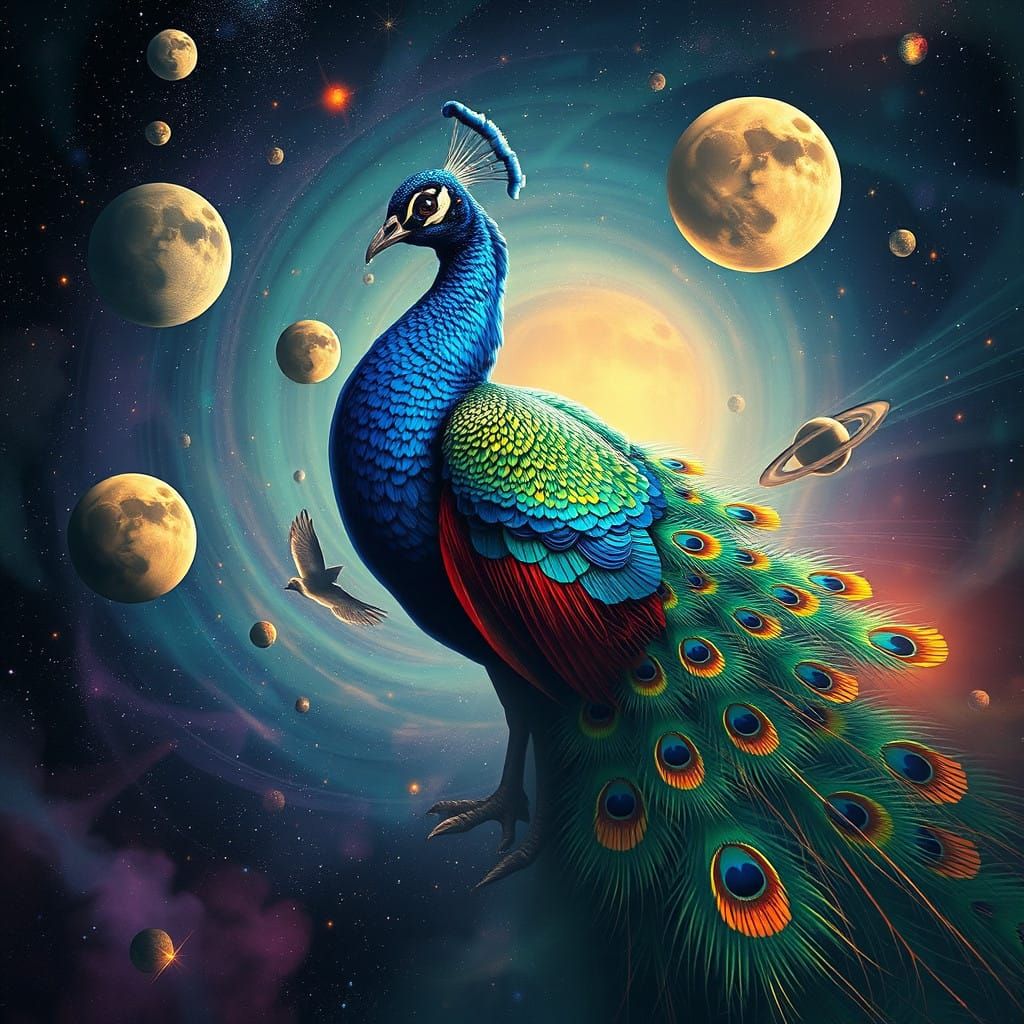 Surreal Cosmic Peacock in Vibrant, Iridescent Majesty