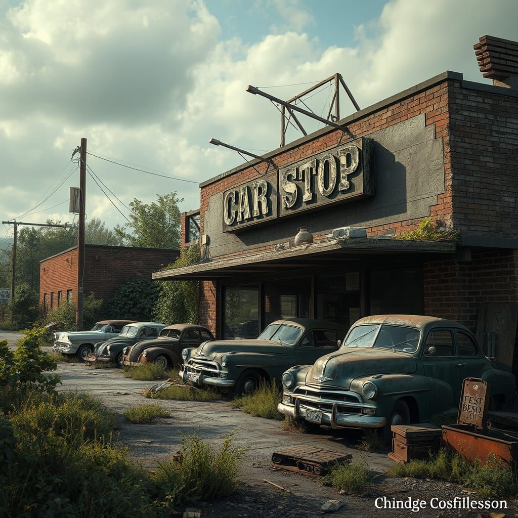 Dystopian Abandoned Car Shop in Weathered Decay