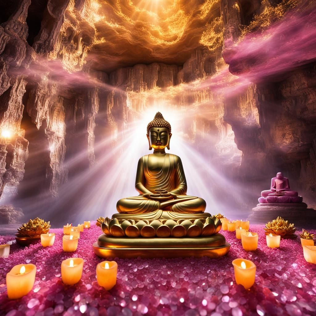 Buddha Statue in Crystal Cave with Lotus Flowers