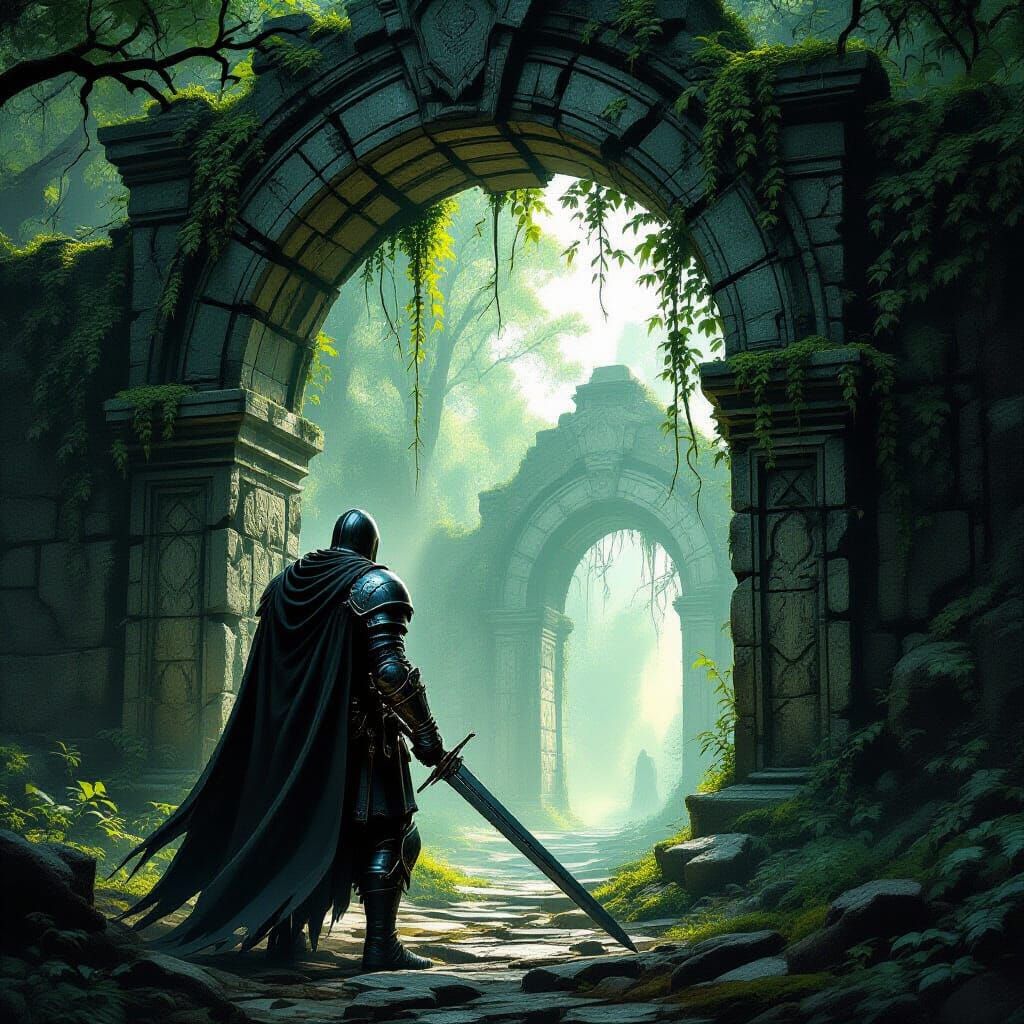 Knight Before Ancient Archway in Gritty Dark Fantasy
