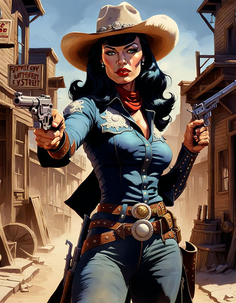 Gunfighter Bettie Page Illustration in Dark Fantasy Style