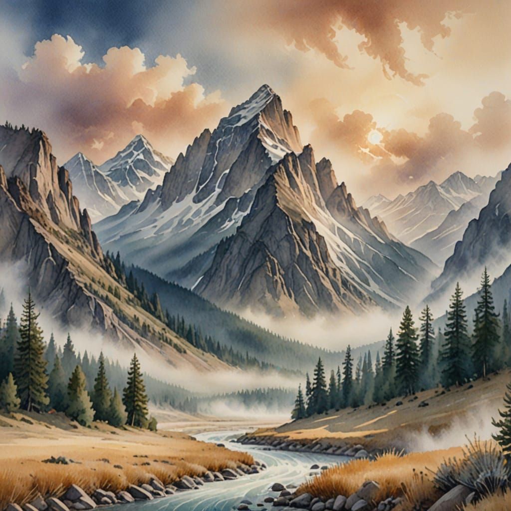 Ethereal Montana Mountains in Hyperrealistic Watercolor Styl...