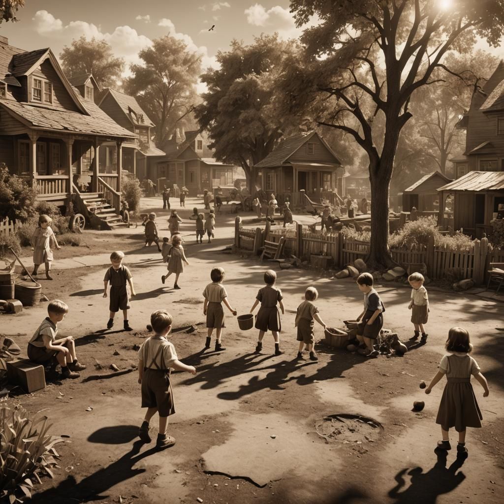Children Playing: 1940s Sepia-Toned Photography