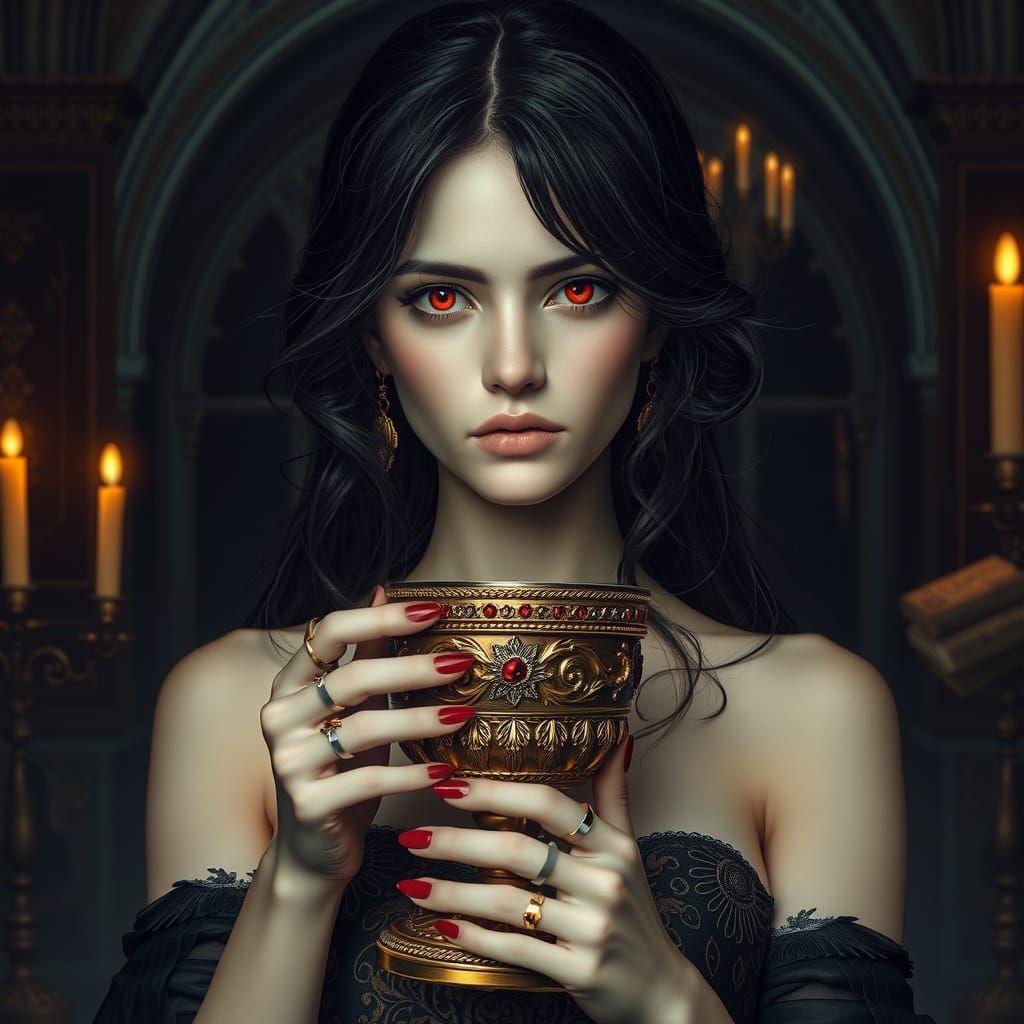 Dark Fantasy Woman with Chalice in Gothic Setting