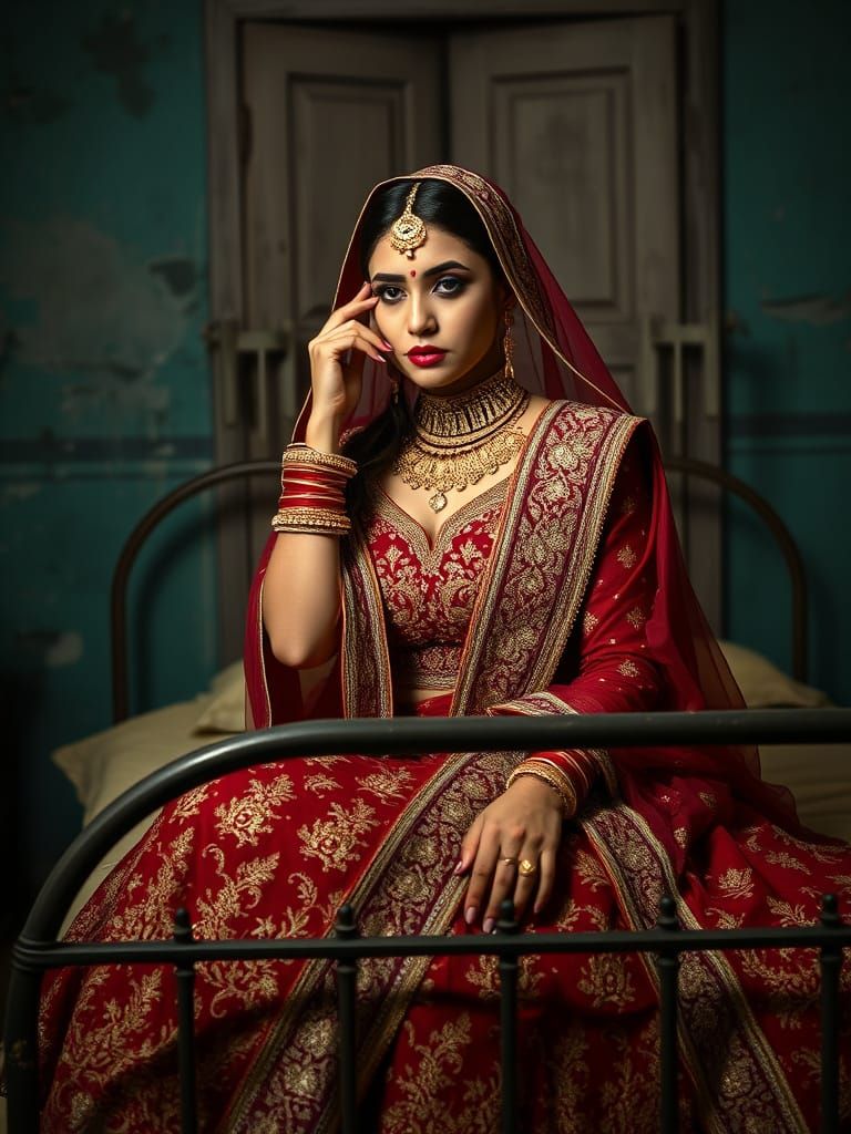 Regal South Asian Bride in Vintage Attire, Dimly Lit