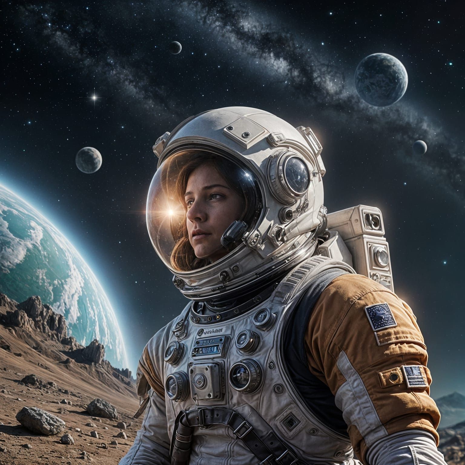 Astronaut Contemplates the Cosmos on a Distant World