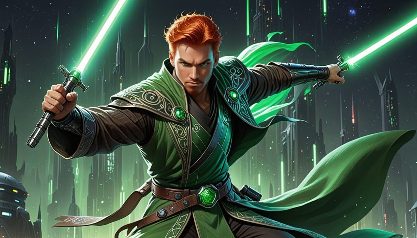 Emerald-Eyed Jedi Warrior Leaping with Lightsaber