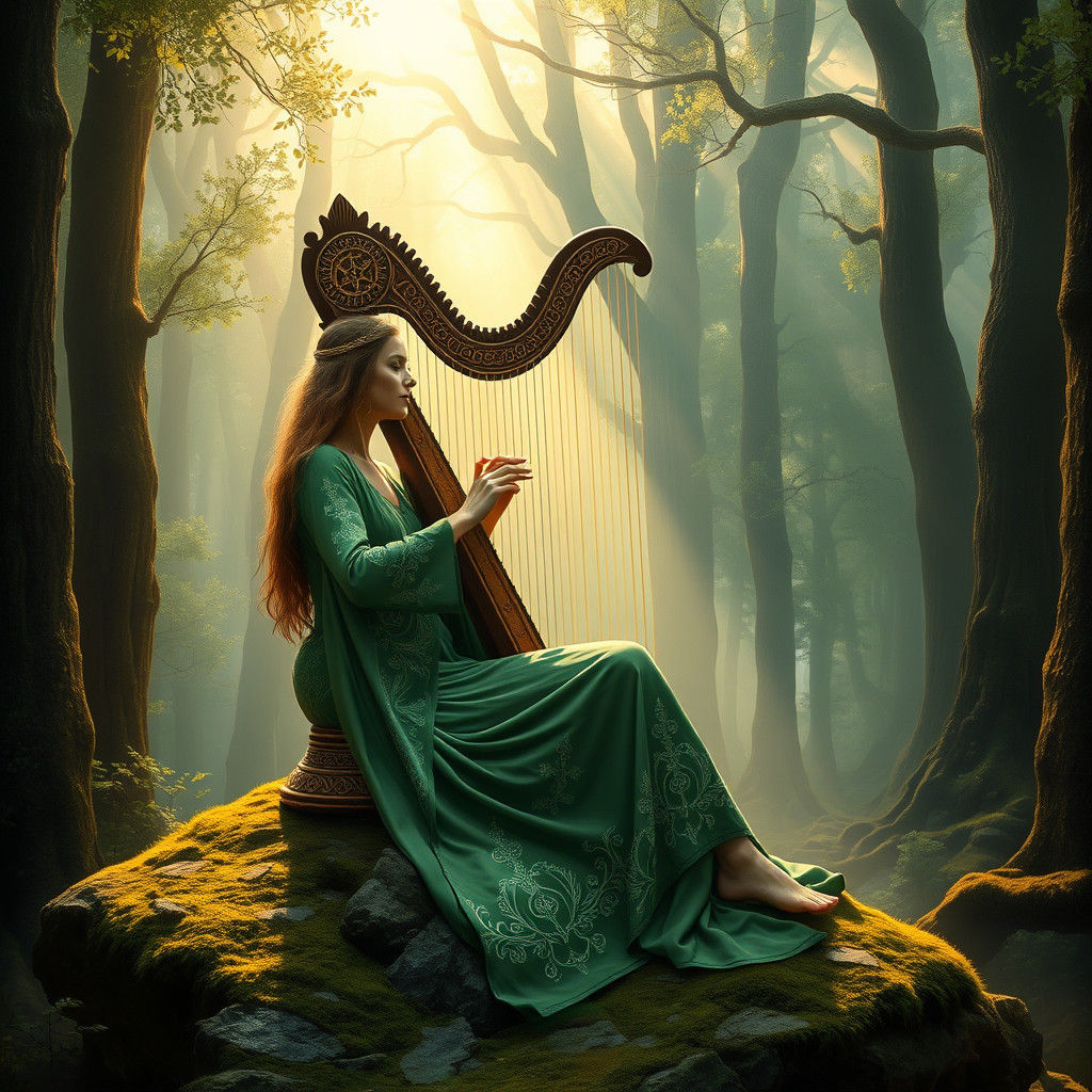 Mystical Celtic Harp in a Dramatic Landscape