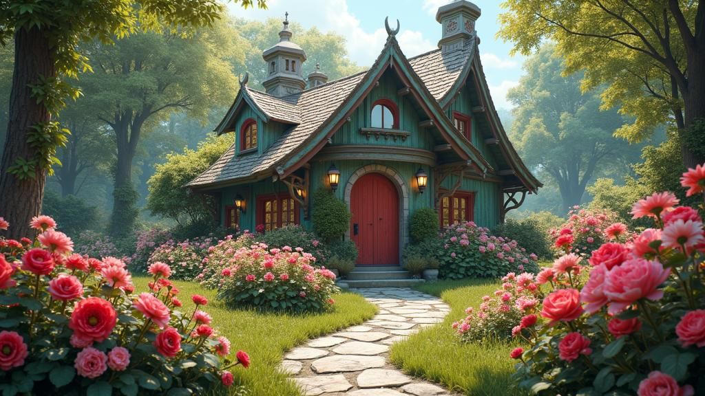 Whimsical Cottage in Lush Flower Garden
