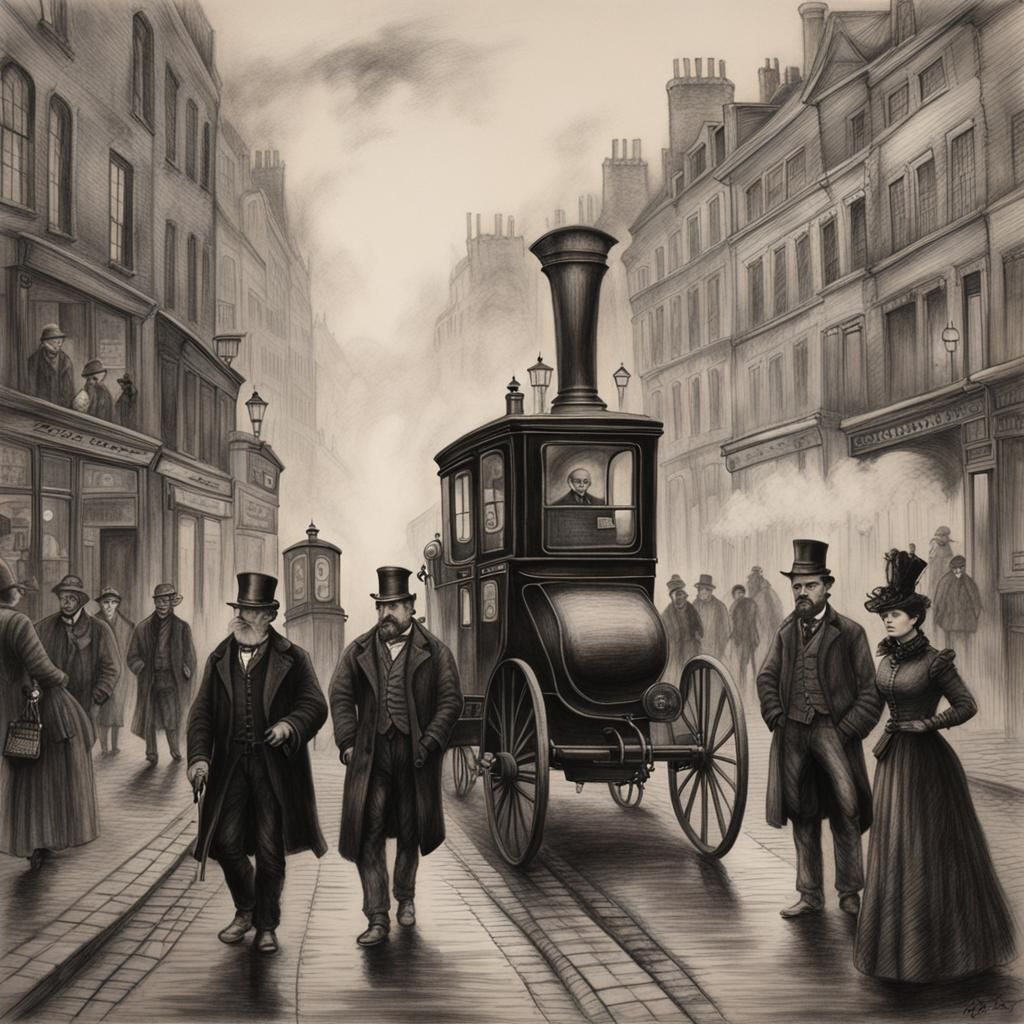 Steampunk People in Misty London Street: Charcoal Drawing