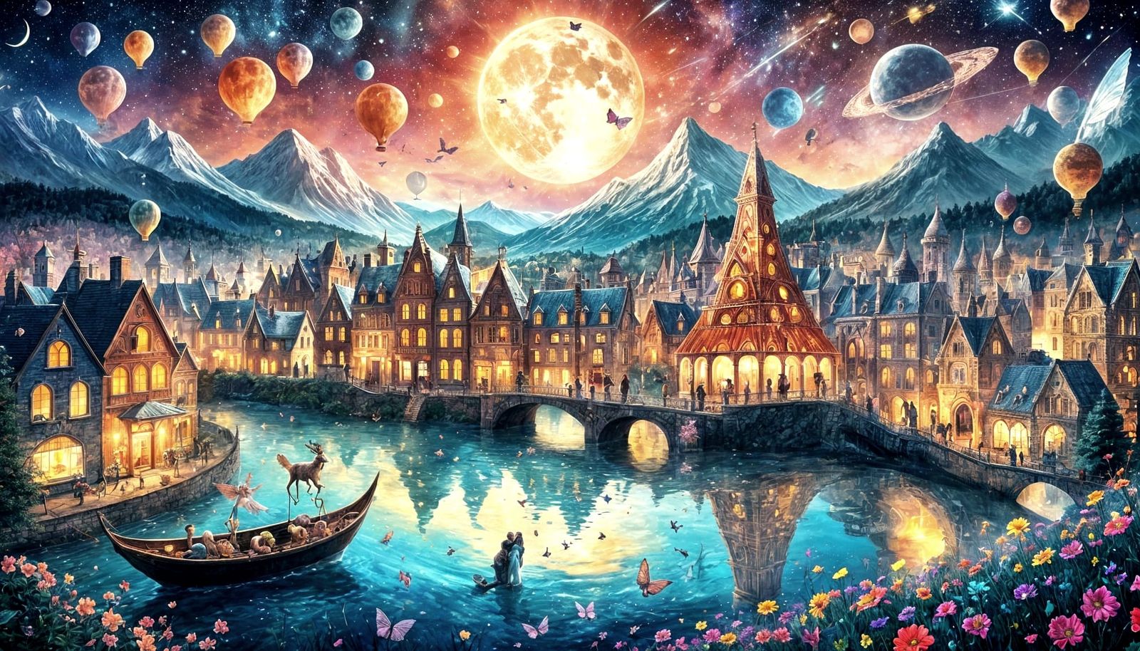 Mystical Moonlit Mosque with Fairies and Flowers