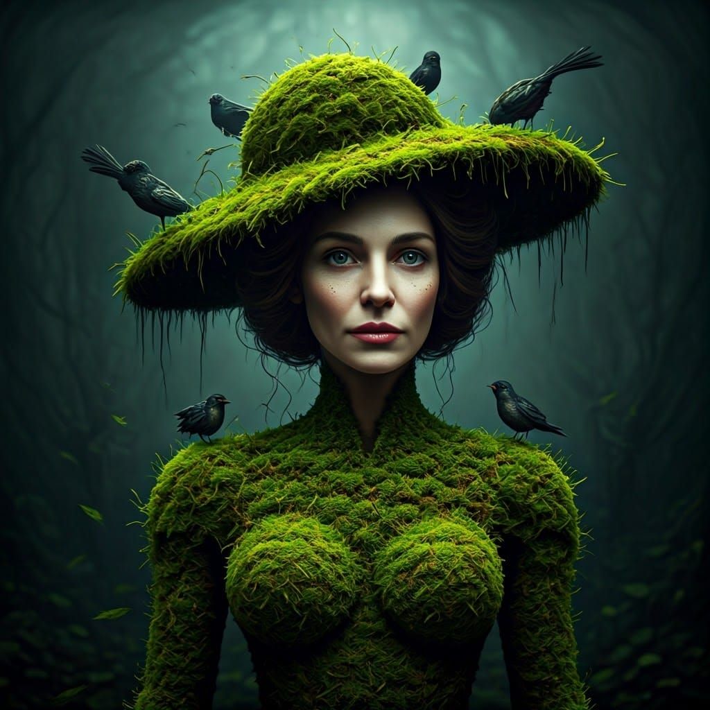 Surreal Fantasy Woman Wears Hat of Birds in Mossy Landscape