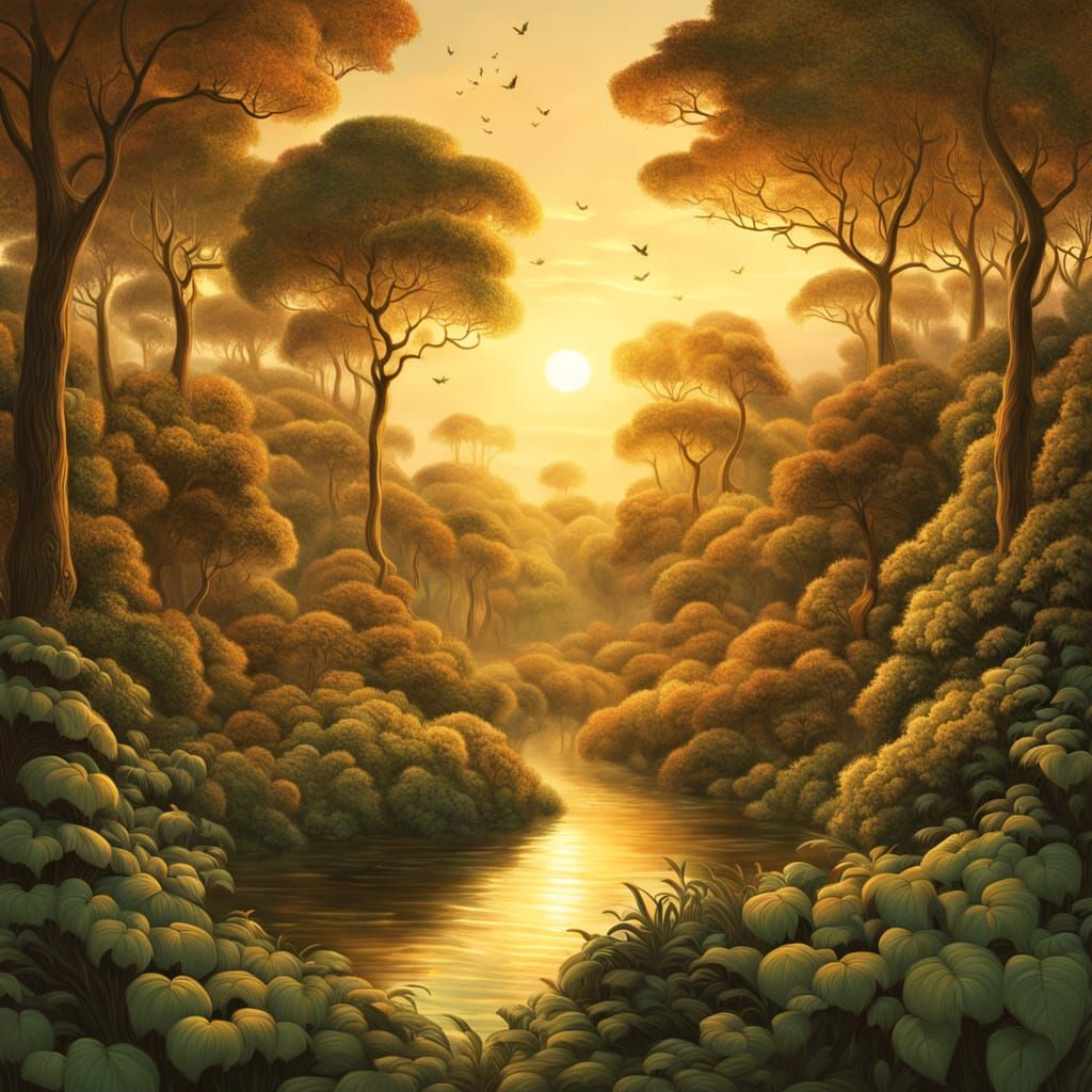 Mystical Forest Landscape in Naïve Art Style