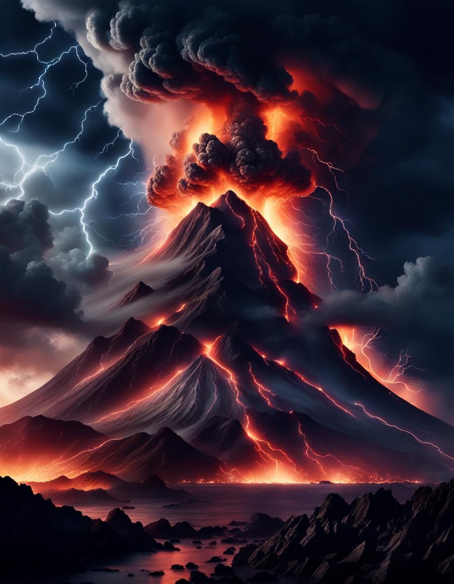 Volcanic Eruption at Midnight with Lightning Strike