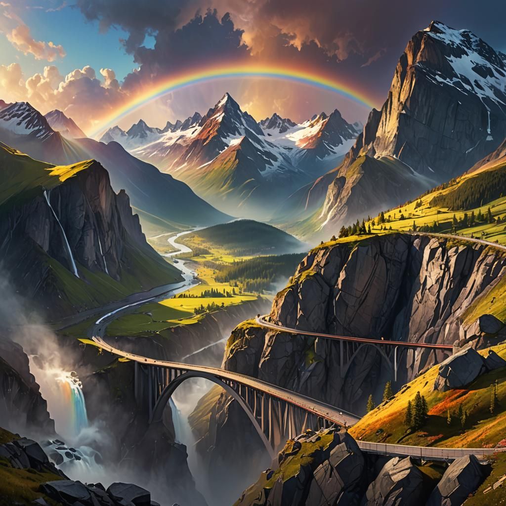 Rainbow Bridge Over Nordic Mountains in Magic Realism