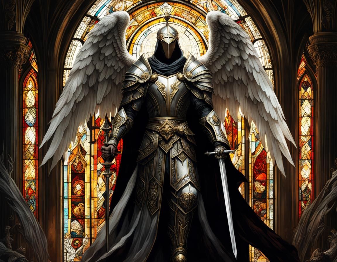 Gothic Angel Knight in Stained Glass Style