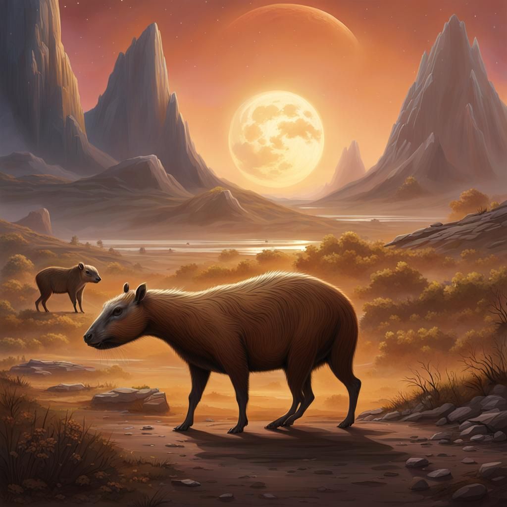 Exoplanet with Capybara-Horse Lifeforms Concept Art