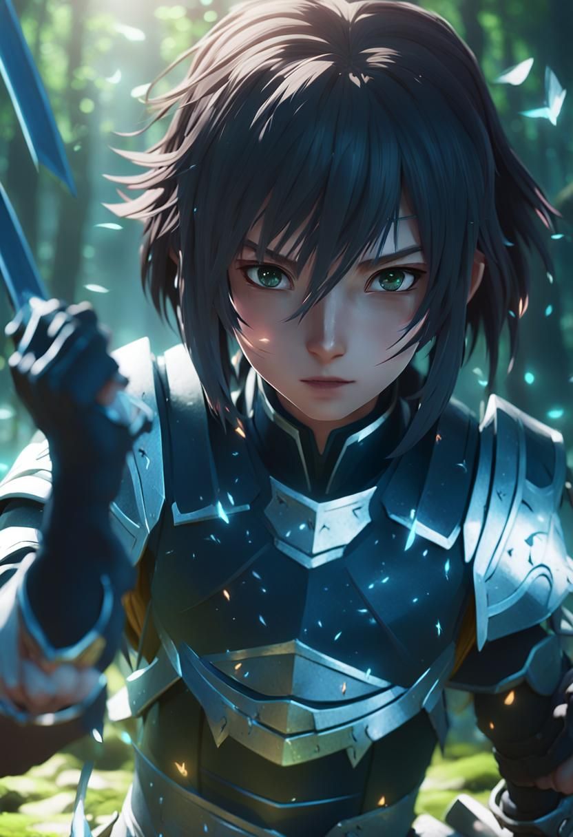 Anime Female Warrior Sword Clash in Mystical Forest