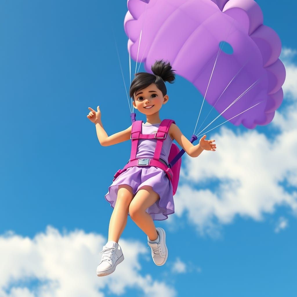 Girl Skydiving with Striped Parachute in Digital Painting St...