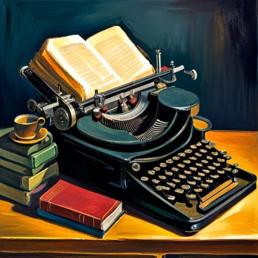 A vibrant still life of vintage typewriter and books arranged on a rustic wooden table; Still life, Impressionism; Oil; ...