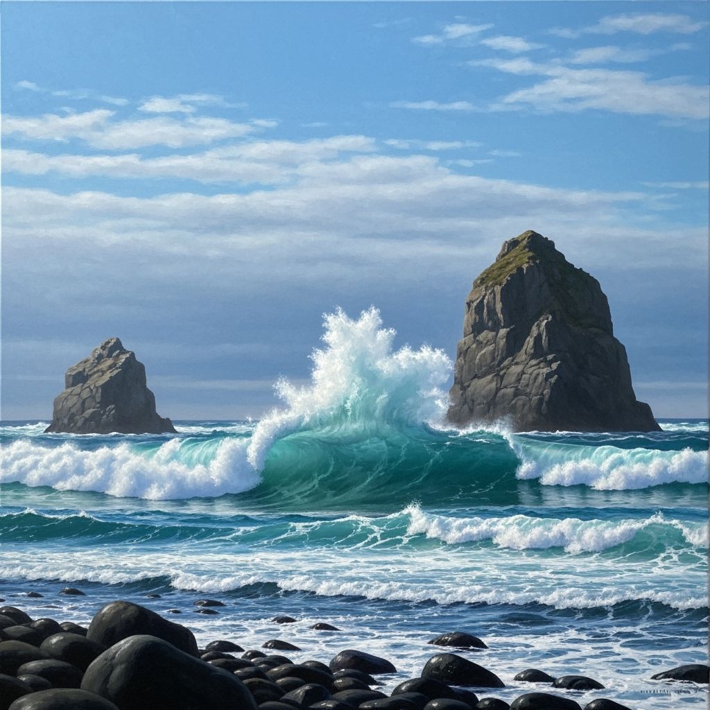 Rugged Coastal Scene with Sea Stacks and Crashing Waves