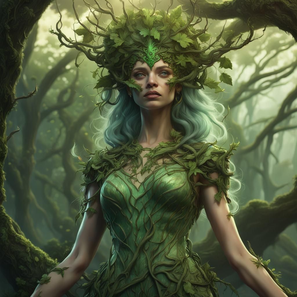 Tree Dryad with Leaf Dress, Fantasy Concept Art