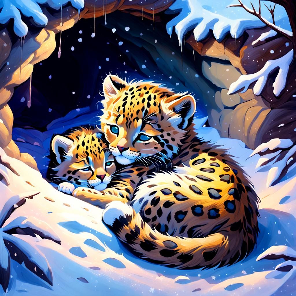 Fluffy Kitten Sleeping in Snow, Oil Painting