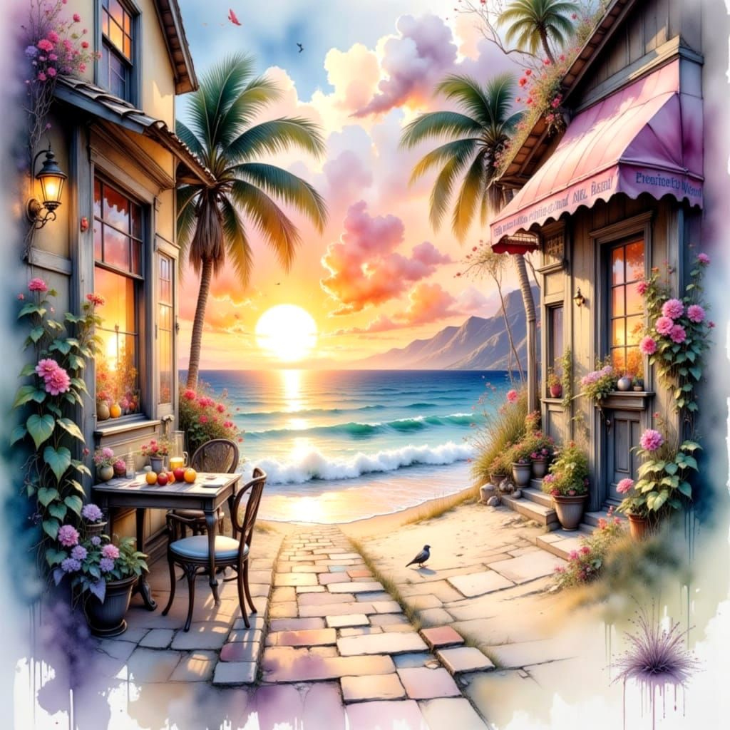 Nostalgic City Nights: A Dreamlike Watercolor and Ink Painti...