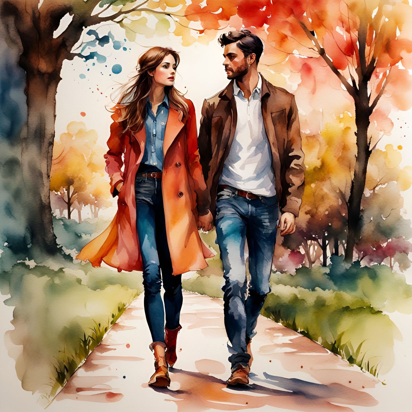 Watercolor Illustration: Woman and Man Walking in Park