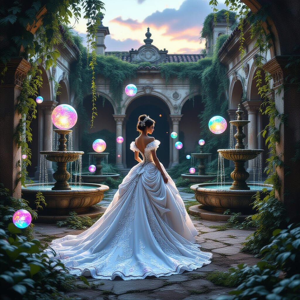Enchanted Princess in Ancient Ruins at Twilight