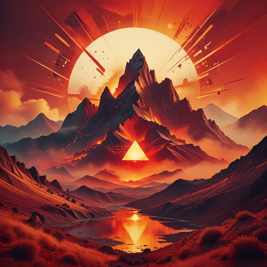 Surreal Landscape with Fiery Mountains, Digital Art