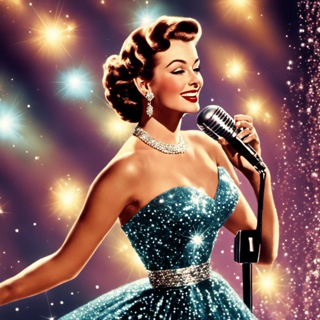 Glamorous 1950s Singer on a Sparkling Stage