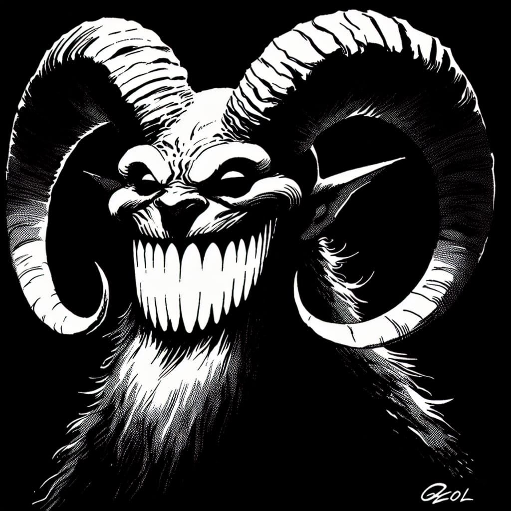 Mysterious Demon with Ram Horns in Chiaroscuro Style