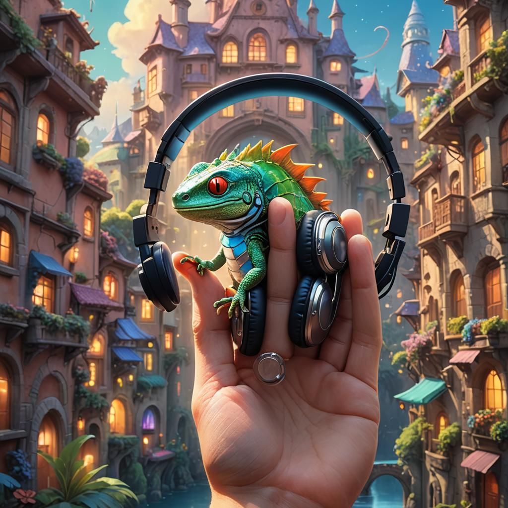 Lizard in Headphones: Studio Ghibli Fantasy Art