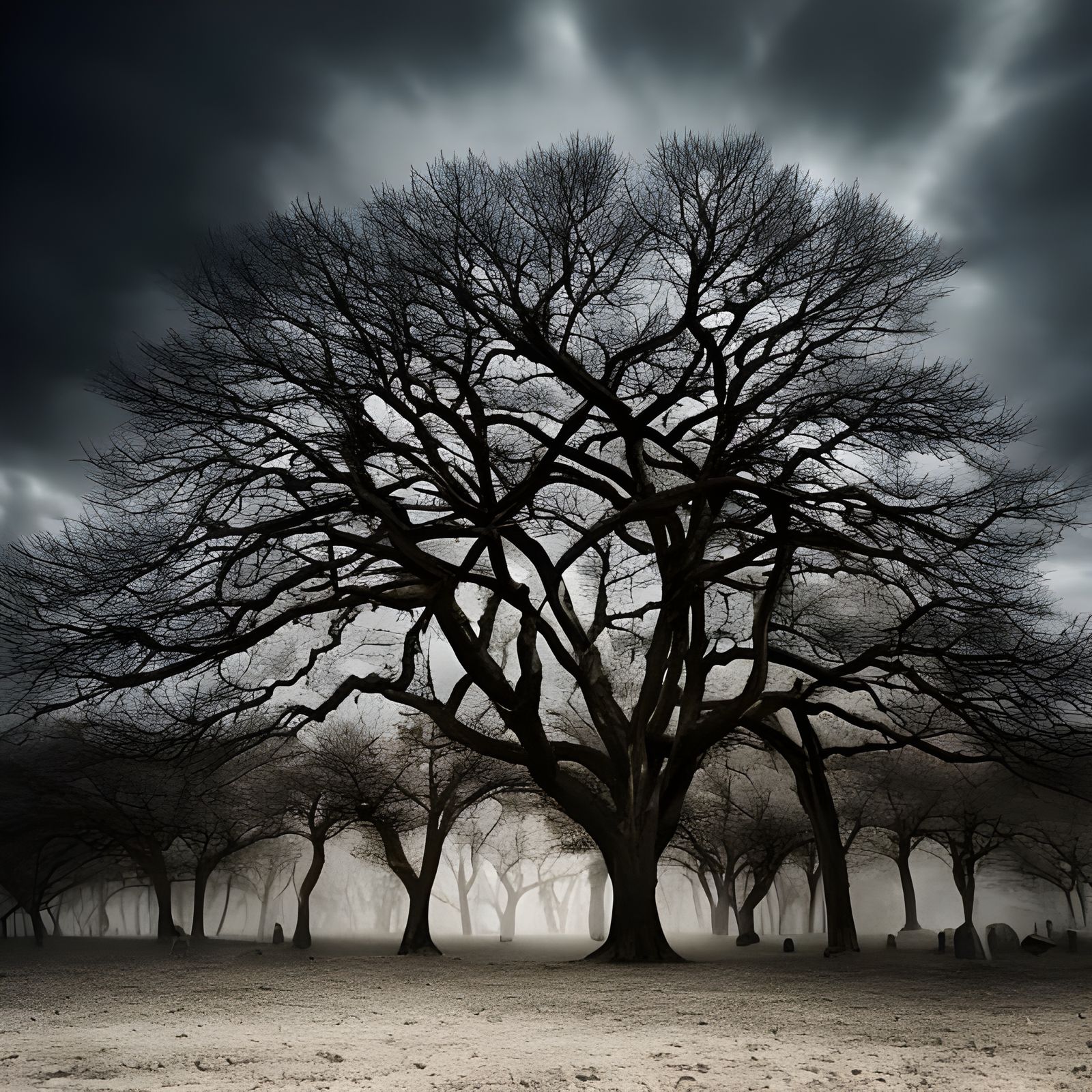 Eerie Graveyard at Night in Moonlight