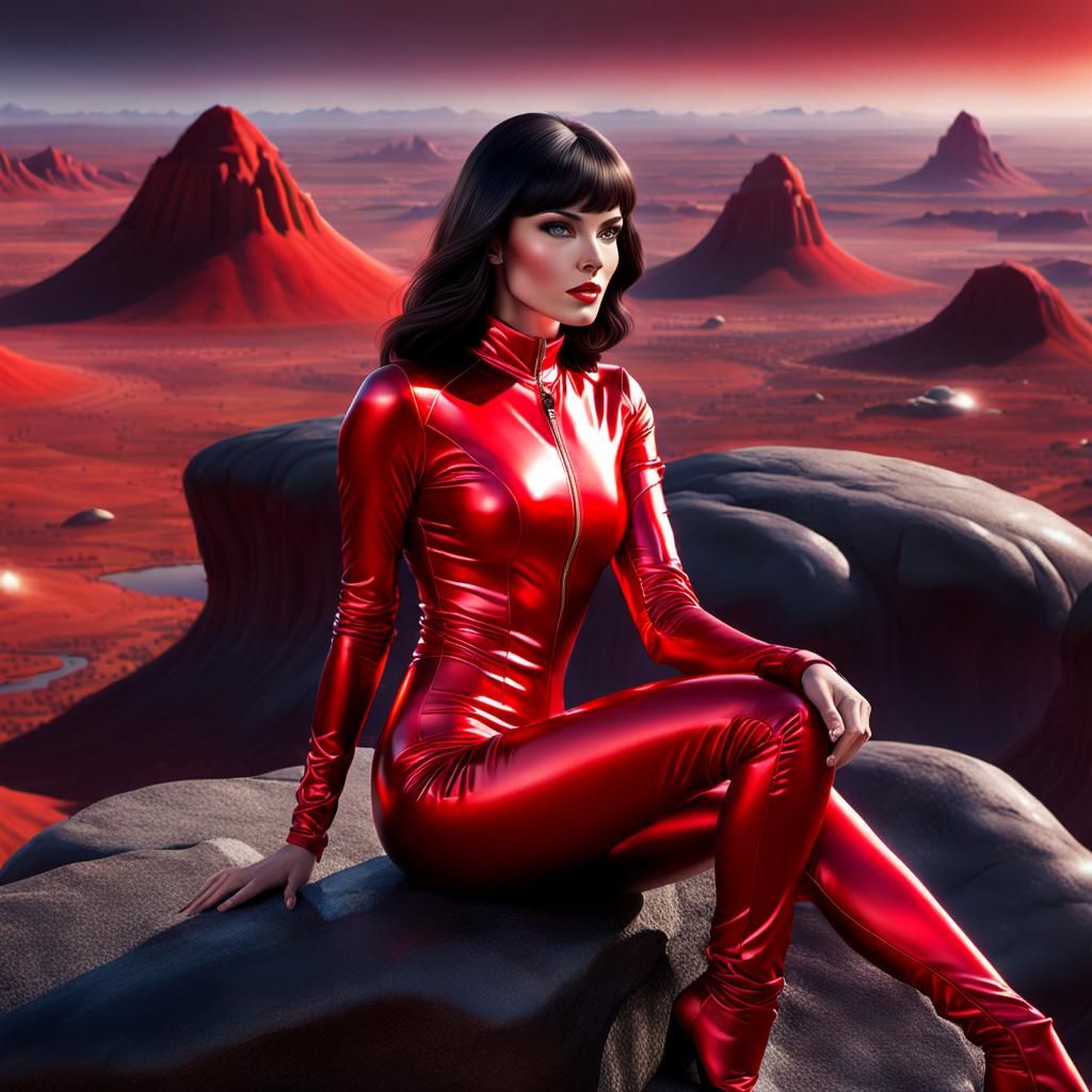Woman in Red Catsuit Overlooking Alien Landscape