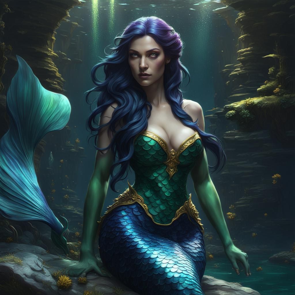 Dark Fantasy Mermaid with Blue Hair, 8k Detail
