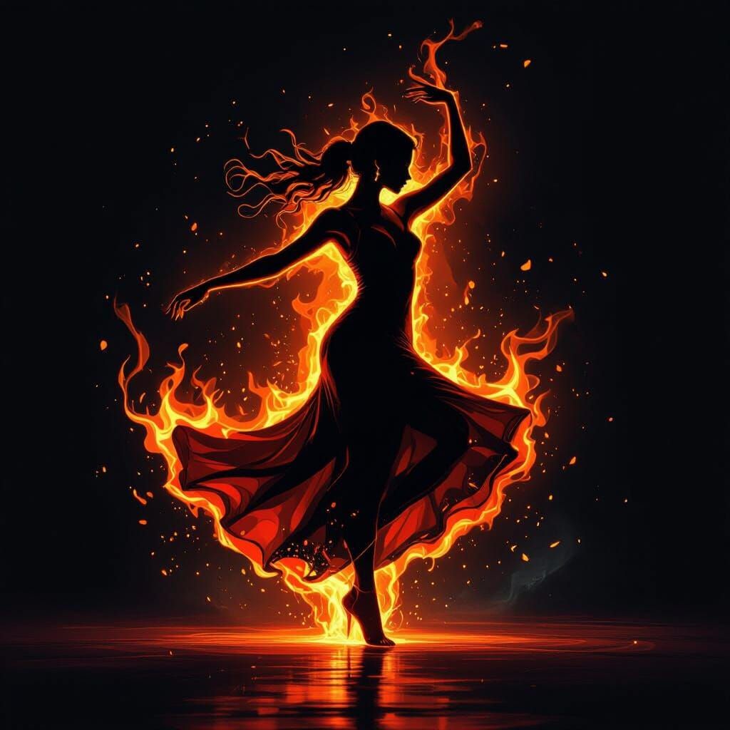Fiery Dancer Silhouette in Black Void, Digital Painting