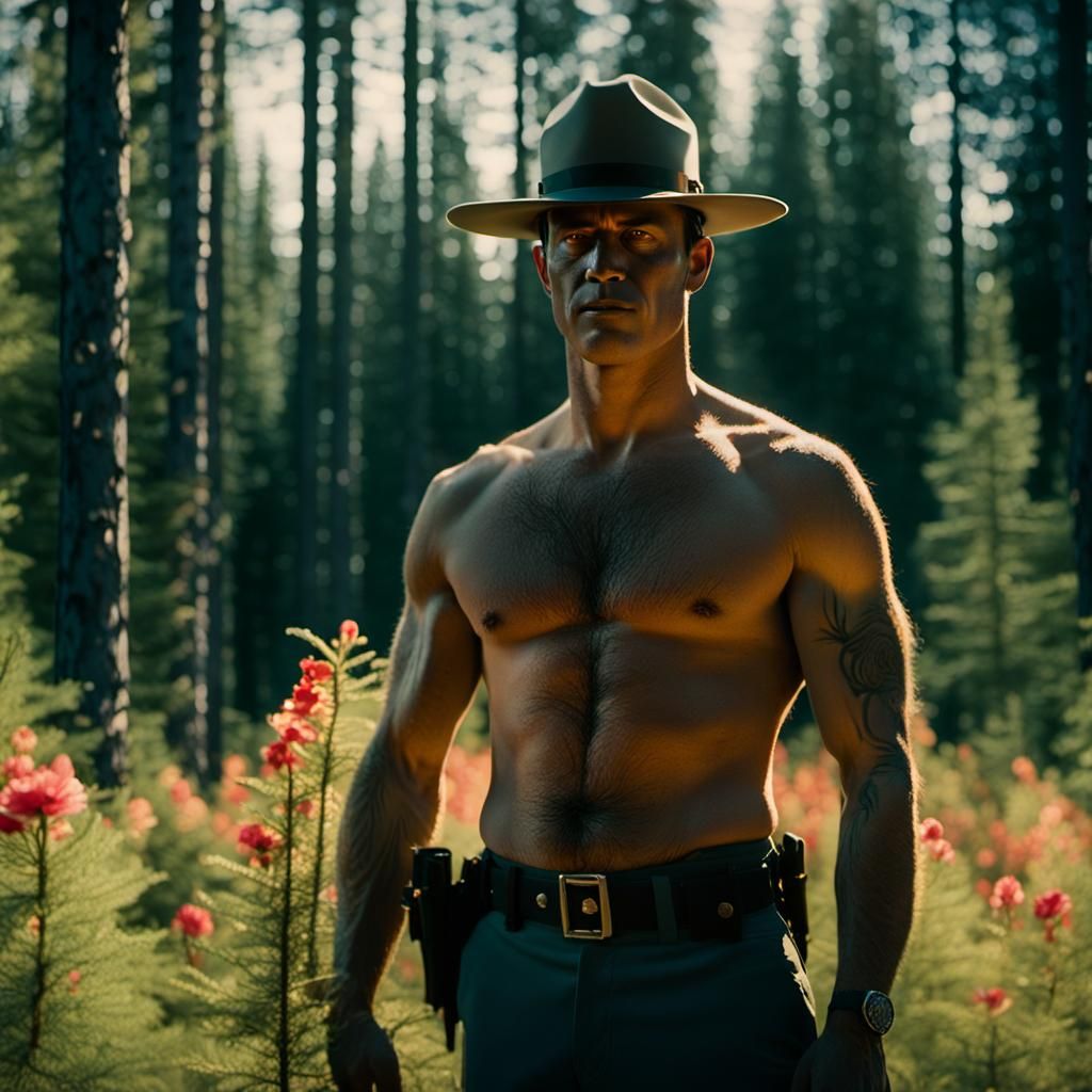 Shirtless Mountie in Sun-Dappled Forest: Cinematic Film Stil...