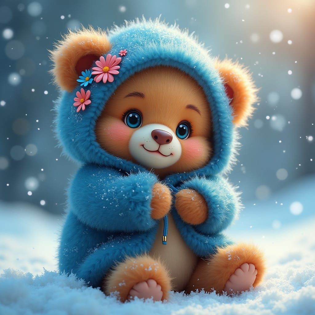 Adorable Hyper Realistic Teddy Bear in Winter Wonderland