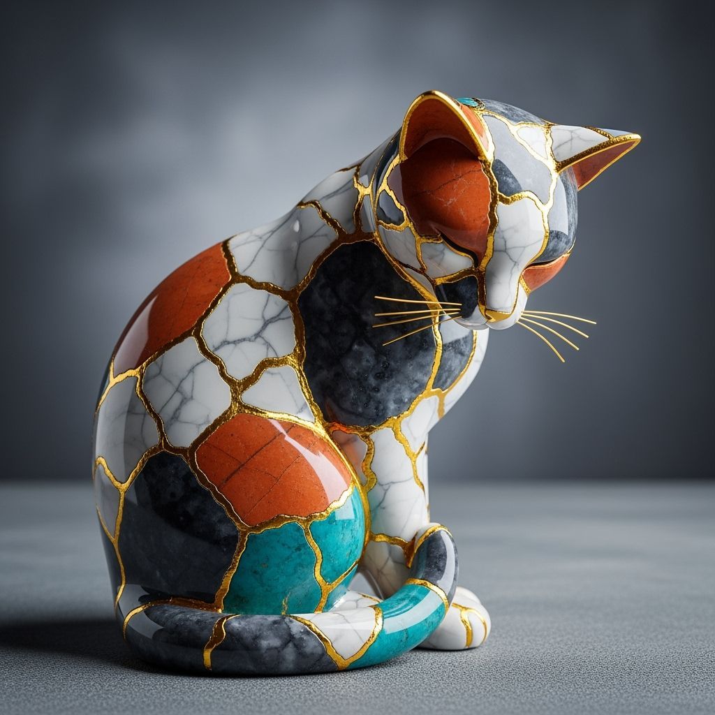 Kintsugi Cat Sculpture in Stone Mosaic
