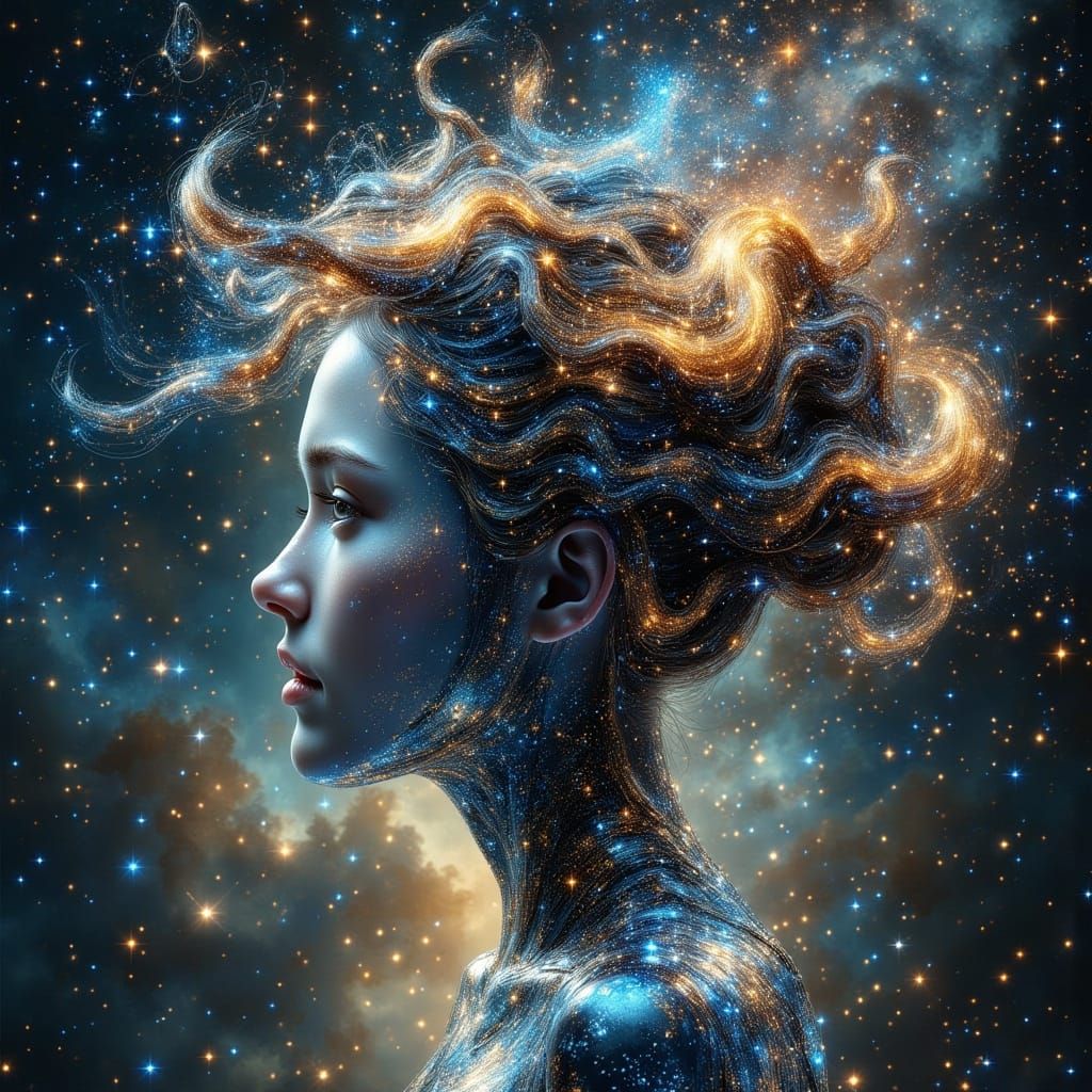 Cosmic Surrealism: Majestic Being with Galaxy Hair