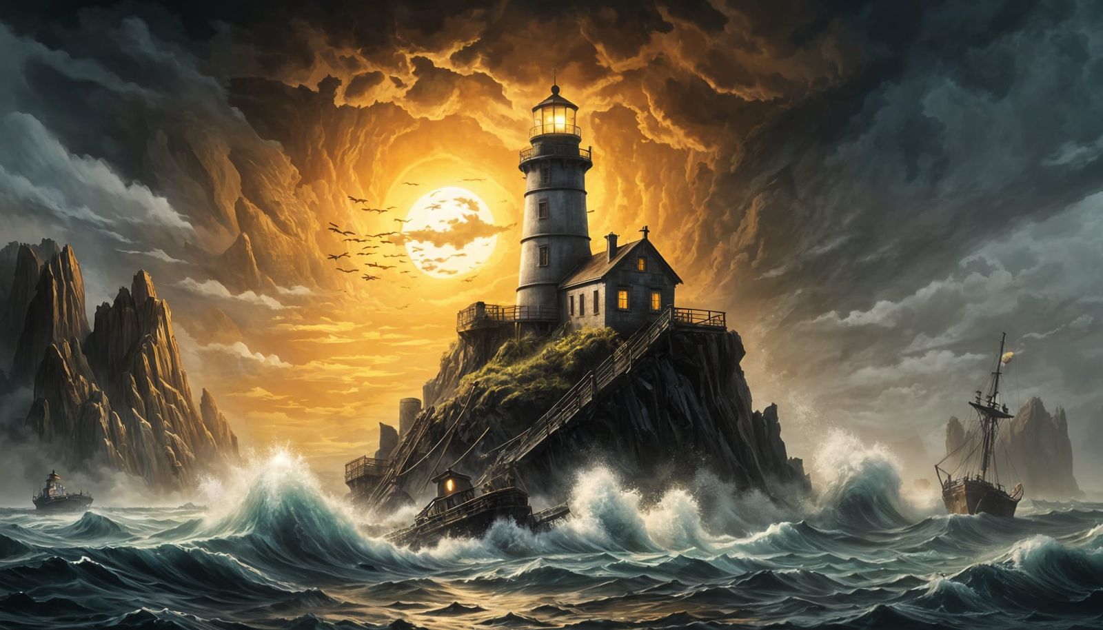 Dark Fantasy Lighthouse on Obsidian Island in Molten Gold Se...
