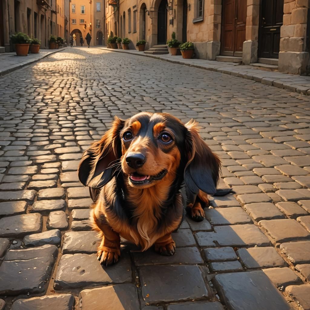 Dachshund Smiling in Town Square, Old Masters Painting