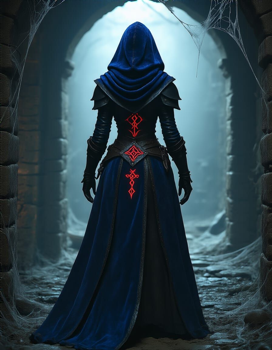 Sorceress in Indigo Armor in Dim Dungeon
